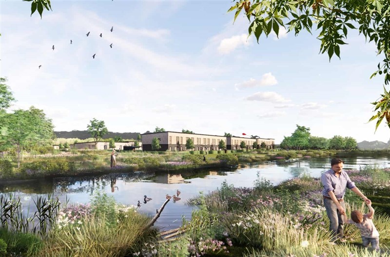 Første række ned til den etablerede sø bliver i to plan for at få det meste ud af udsigten. Illustration: Atra Arkitekter